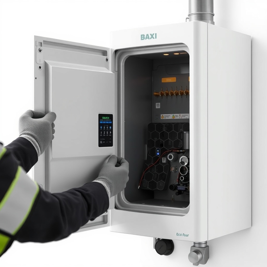 Clean photorealistic photo showing a Baxi Eco Four 221 E boiler with a technician wearing