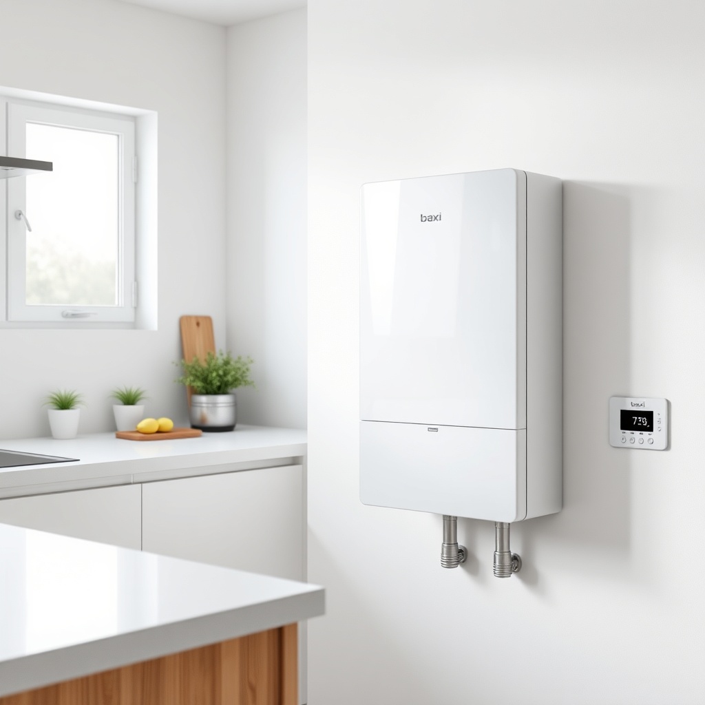 <clean photorealistic photo of Baxi Eco Four 221 E mounted on a white wall in a modern kit