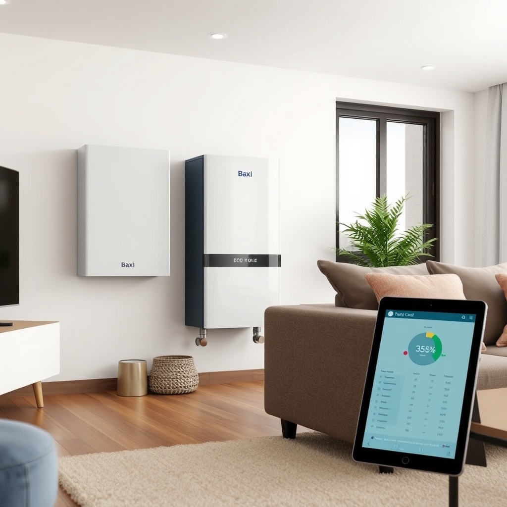 <Clean photorealistic photo illustration of a Baxi Eco Four 221 E installed in a modern li