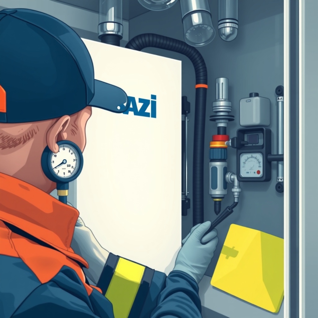<Clean photorealistic photo illustration of a technician servicing the Baxi Eco Four 221 E