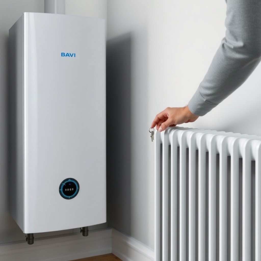 <clean photorealistic photo/illustration of a person purging air from a radiator with a ke