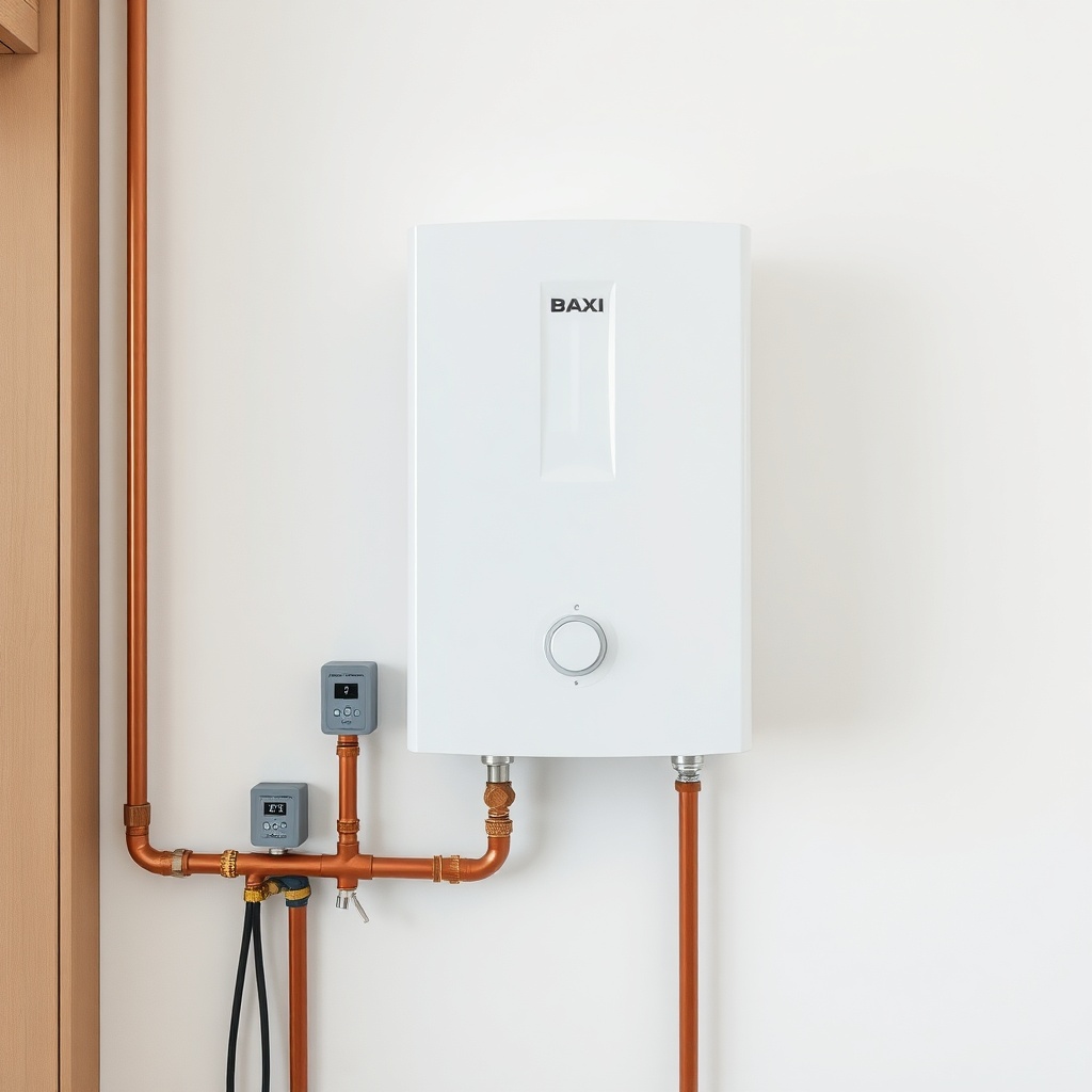 <A clean photorealistic photo of a Baxi Eco Four 221 E mounted on a white wall in a modern