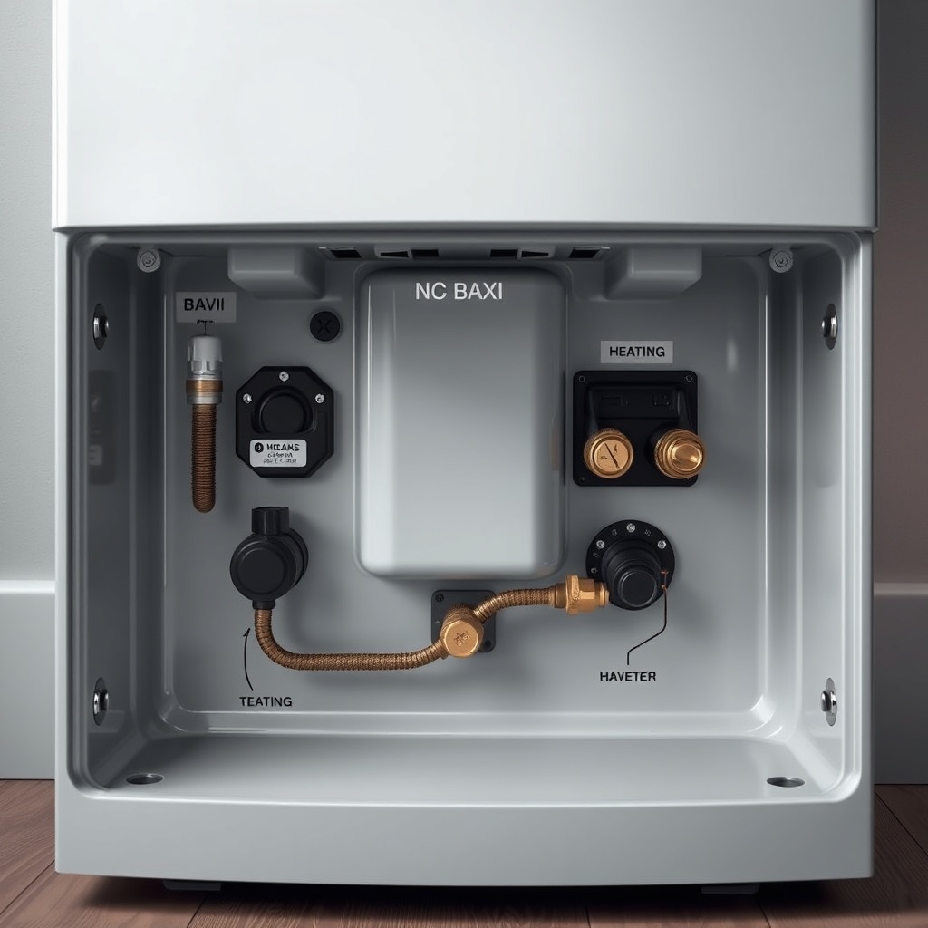 <A clean photorealistic photo showcasing the bottom of a Baxi Eco Four 221 E with clearly