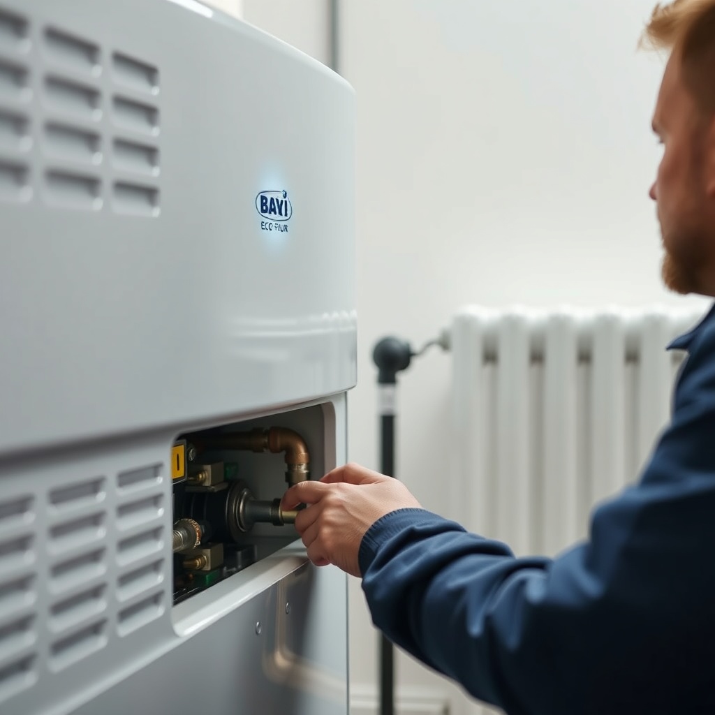 A close-up view of a Baxi Eco Four 221 E unit with a technician checking the radiator pipe