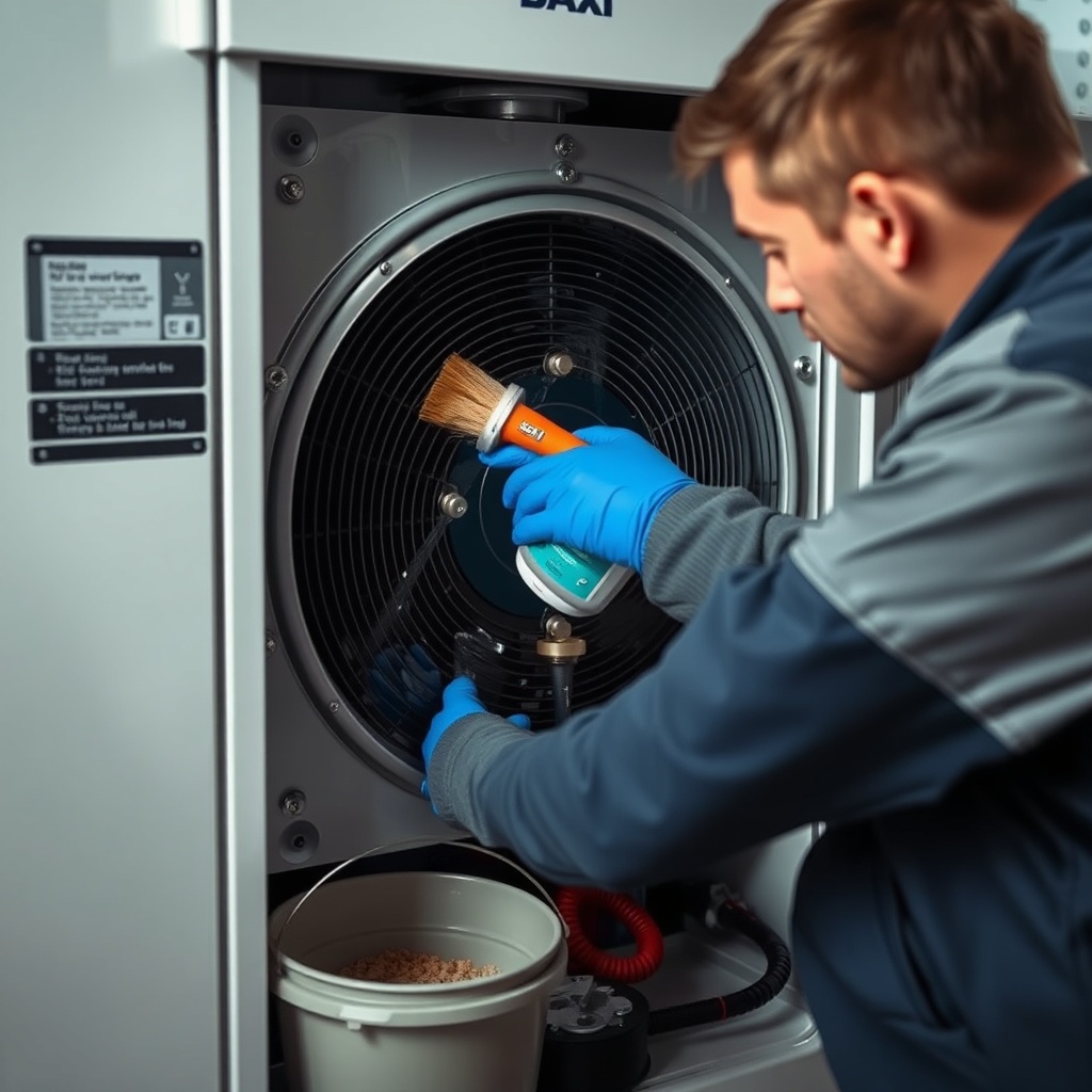 A photorealistic photo showing a technician cleaning the heat exchanger of a Baxi Eco Four