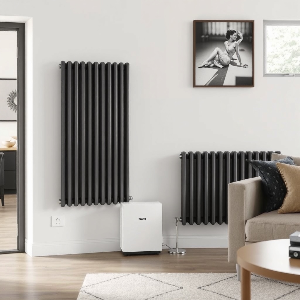 clean photorealistic photo of a Baxi Eco Four 221 E unit connected to modern panel radiato