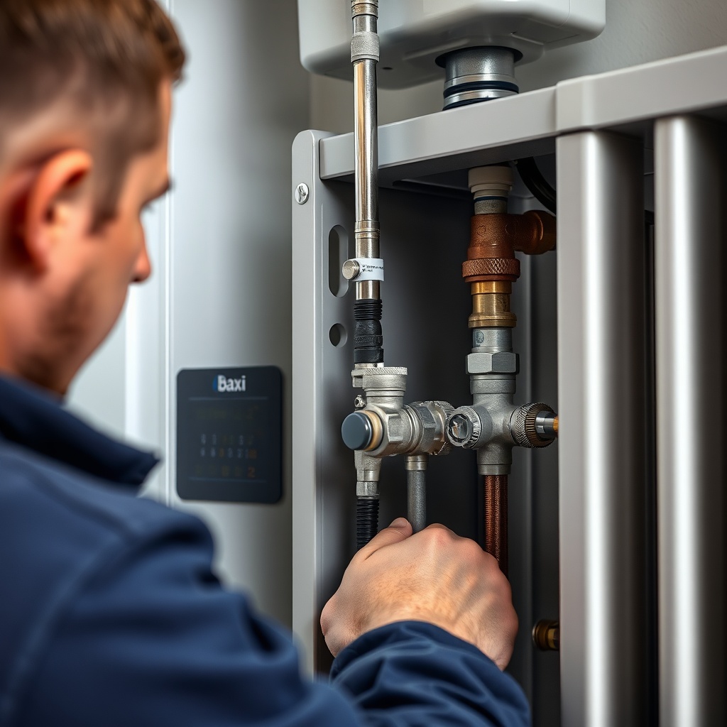 clean photorealistic photo of a technician performing maintenance on a Baxi Eco Four 221 E