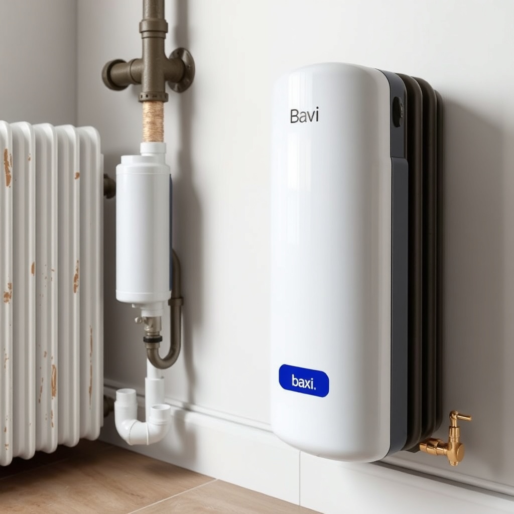 <clean photorealistic photo of Baxi Eco Four 221 E installed next to an old cast iron radi
