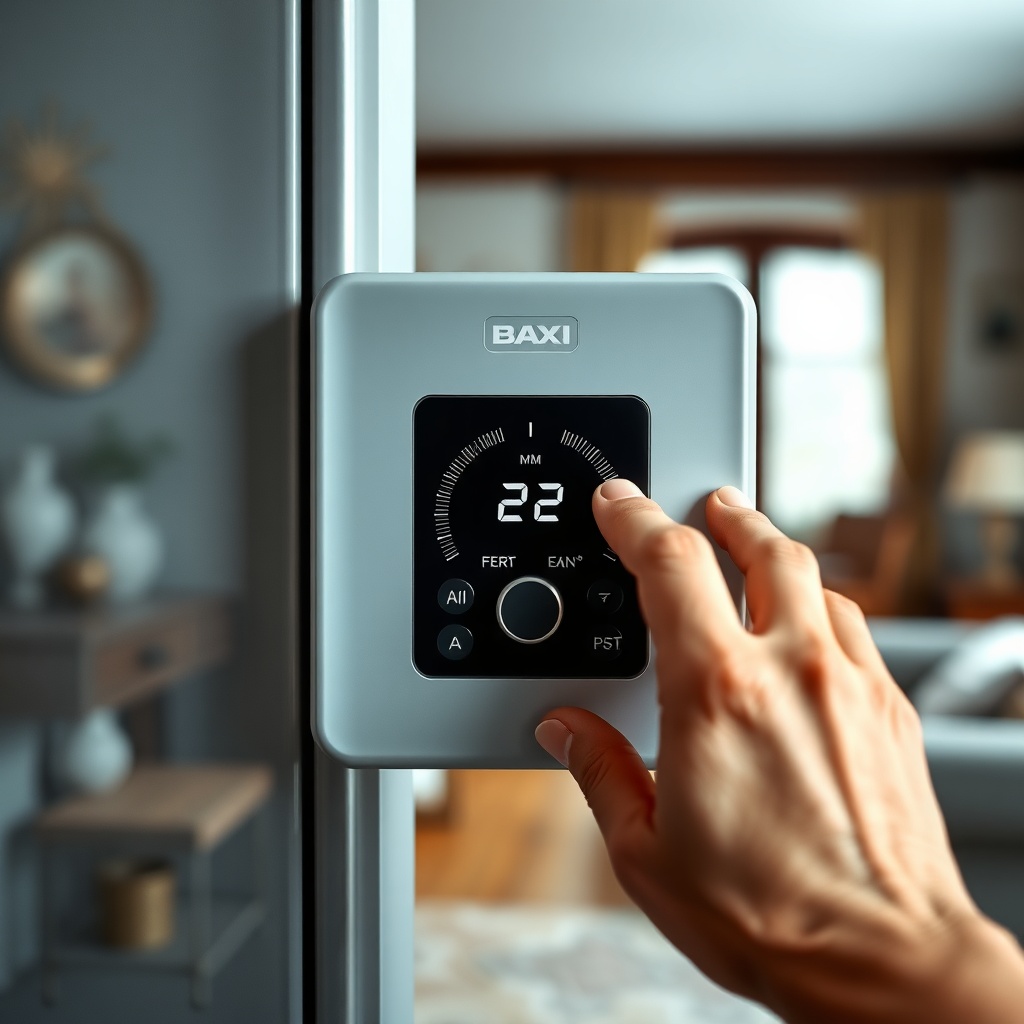 <clean photorealistic photo of a Baxi Eco Four 221 E control panel with user adjusting tem