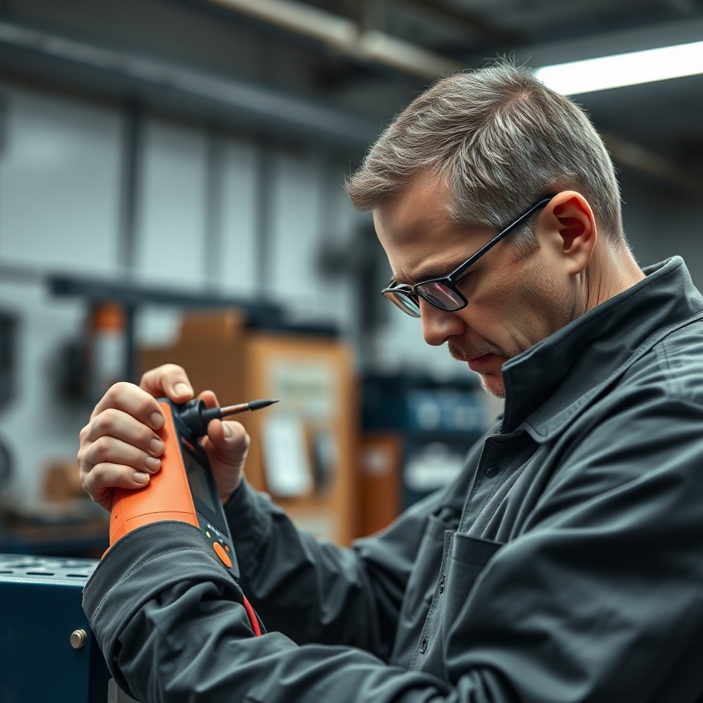 A photorealistic photo of a technician checking the electrodes of a Bosch Condens 2300i W
