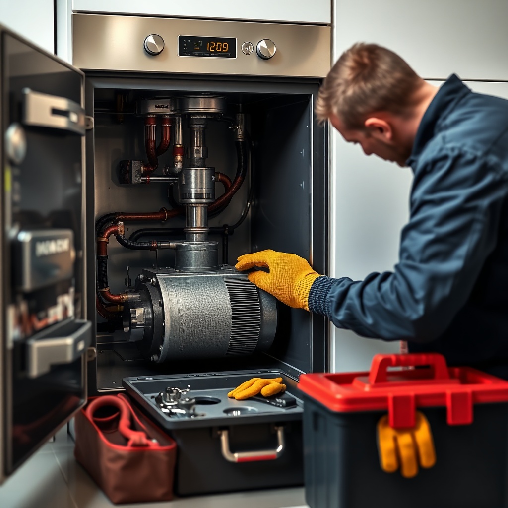 <clean photorealistic photo of a technician inspecting the Bosch Condens 2300i W burner an
