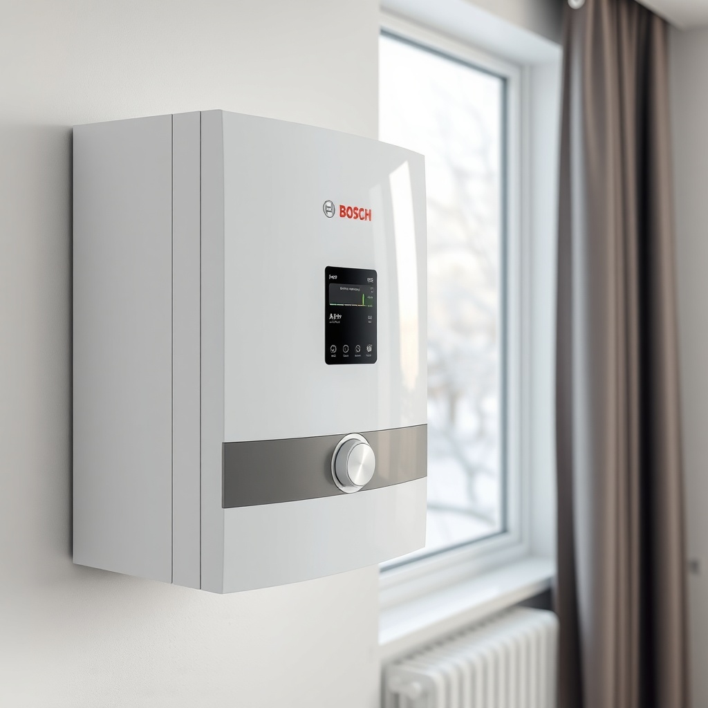 A photorealistic close-up of a Bosch Condens 2300i W wall-mounted boiler in a modern Turki
