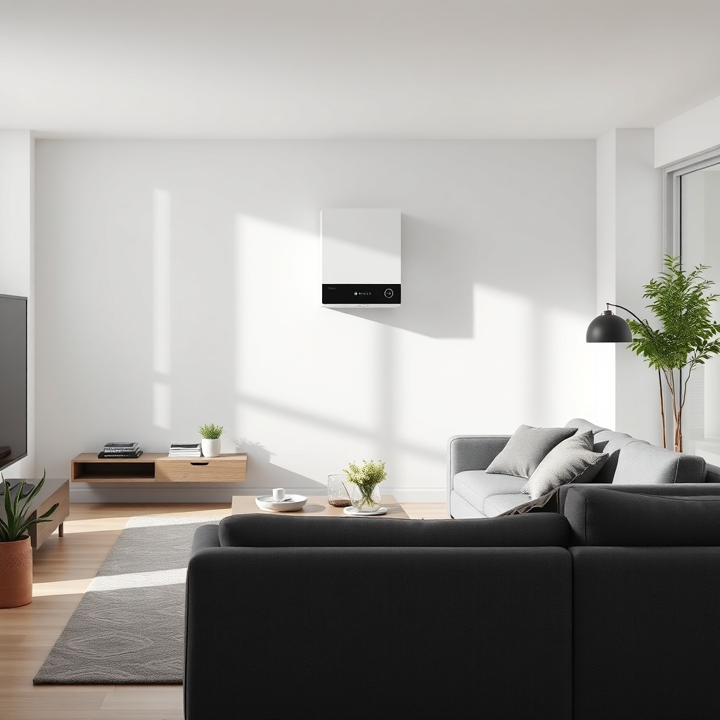Photorealistic modern living room with a Bosch Condens 2300i W wall-mounted boiler