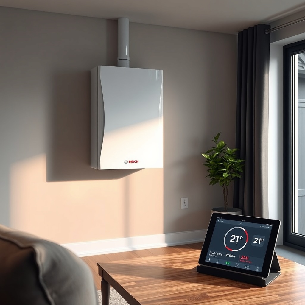 <A modern living room with a wall-mounted Bosch Condens 2300i W combi boiler