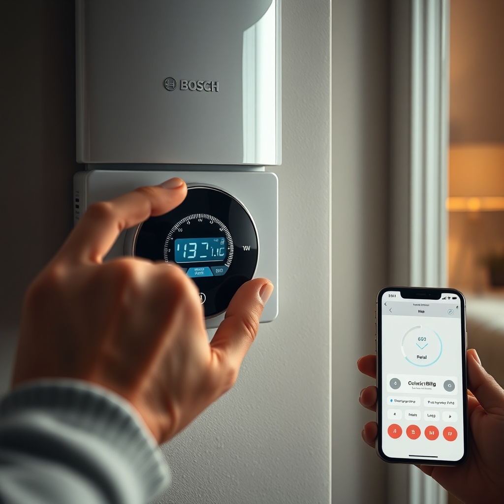 <A user’s hand adjusting the thermostat of a Bosch Condens 2300i W in a cozy home