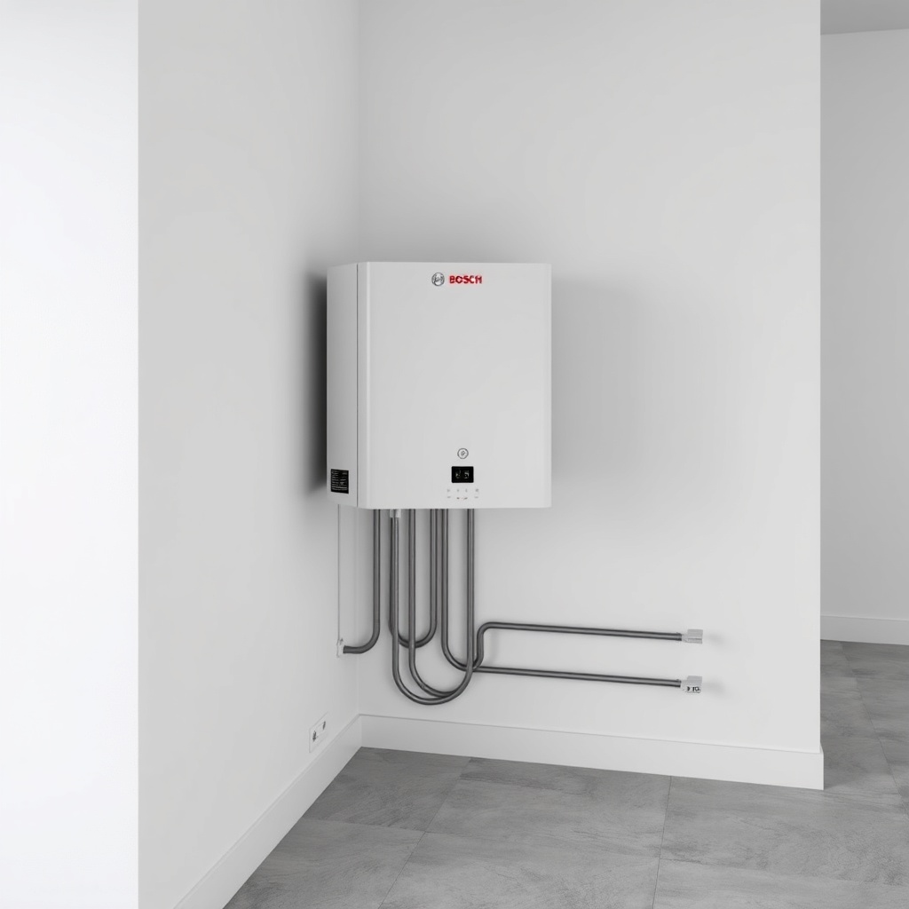 clean photorealistic photo of a Bosch Condens 2300i W unit mounted on a white wall