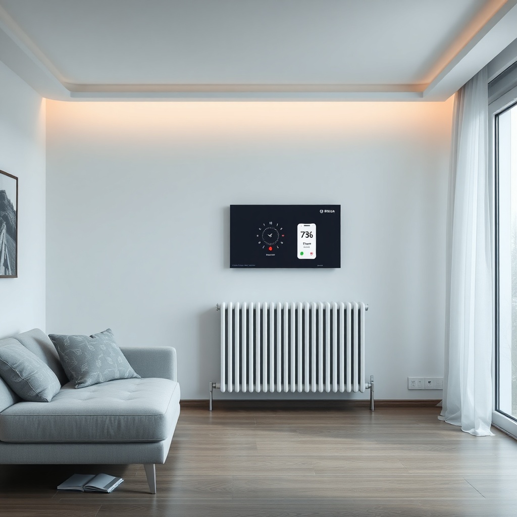 clean photorealistic photo of a modern Turkish home living room with a Bosch Condens 2300i