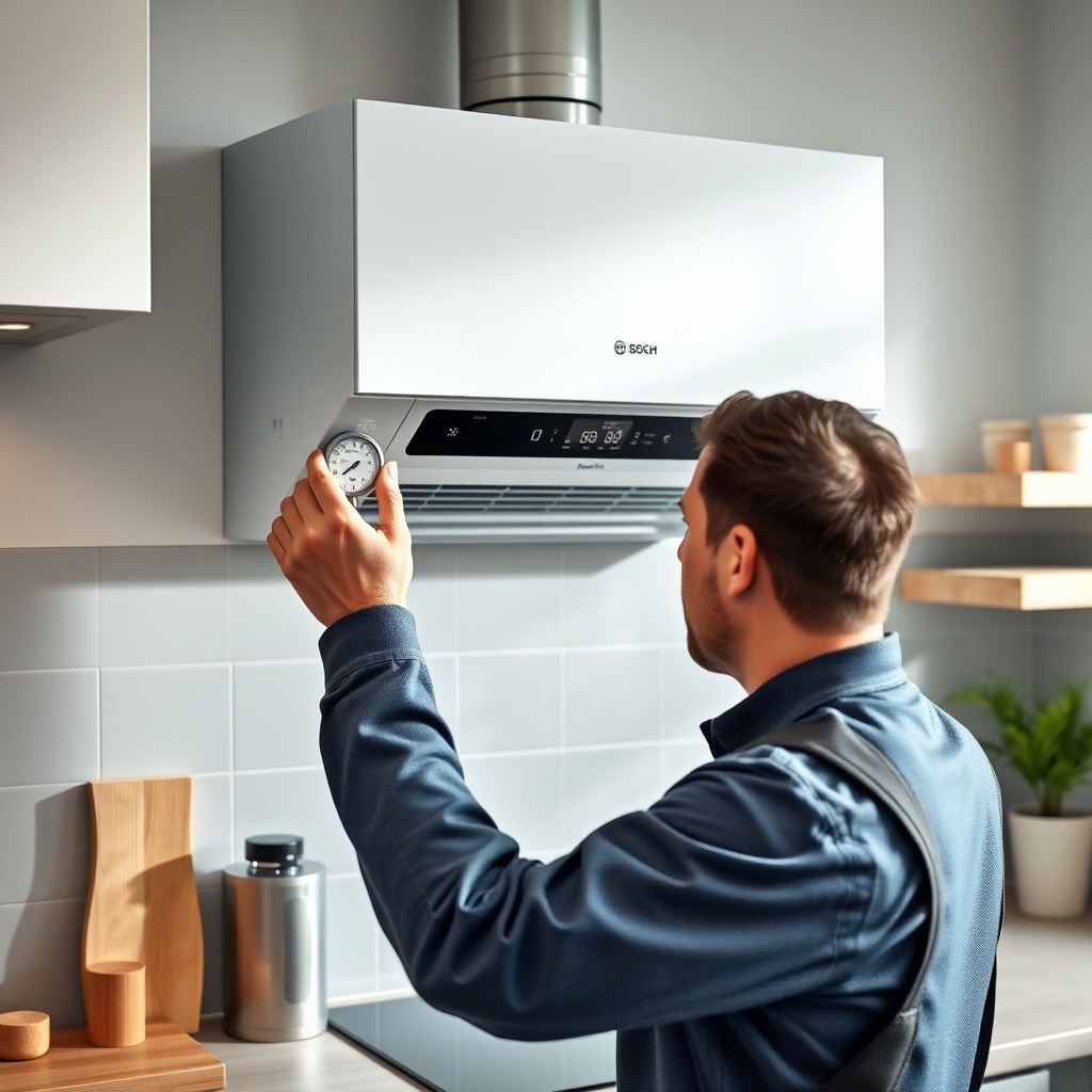 A clean photorealistic photo of a Bosch Condens 2300i W wall-mounted unit in a modern kitc