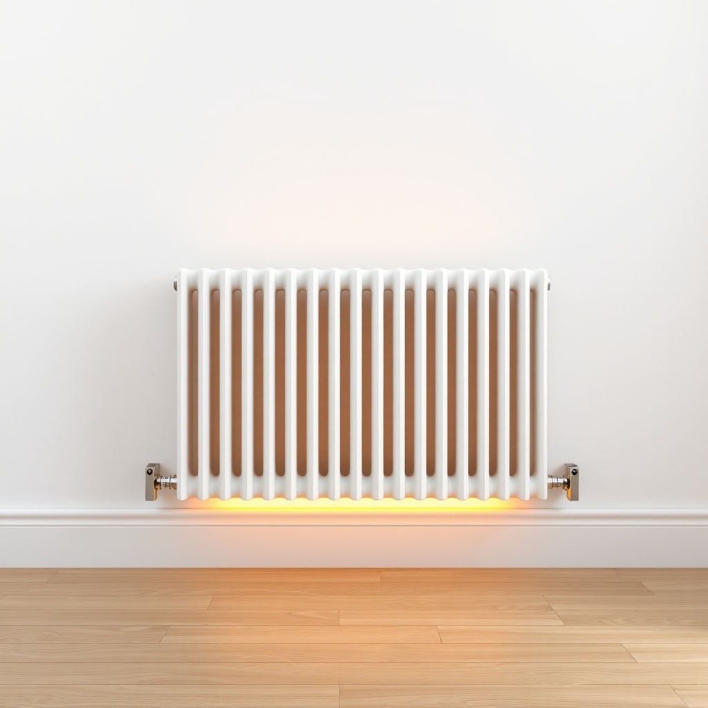A clean photorealistic photo showing a radiator with clear 10 cm gap beneath it