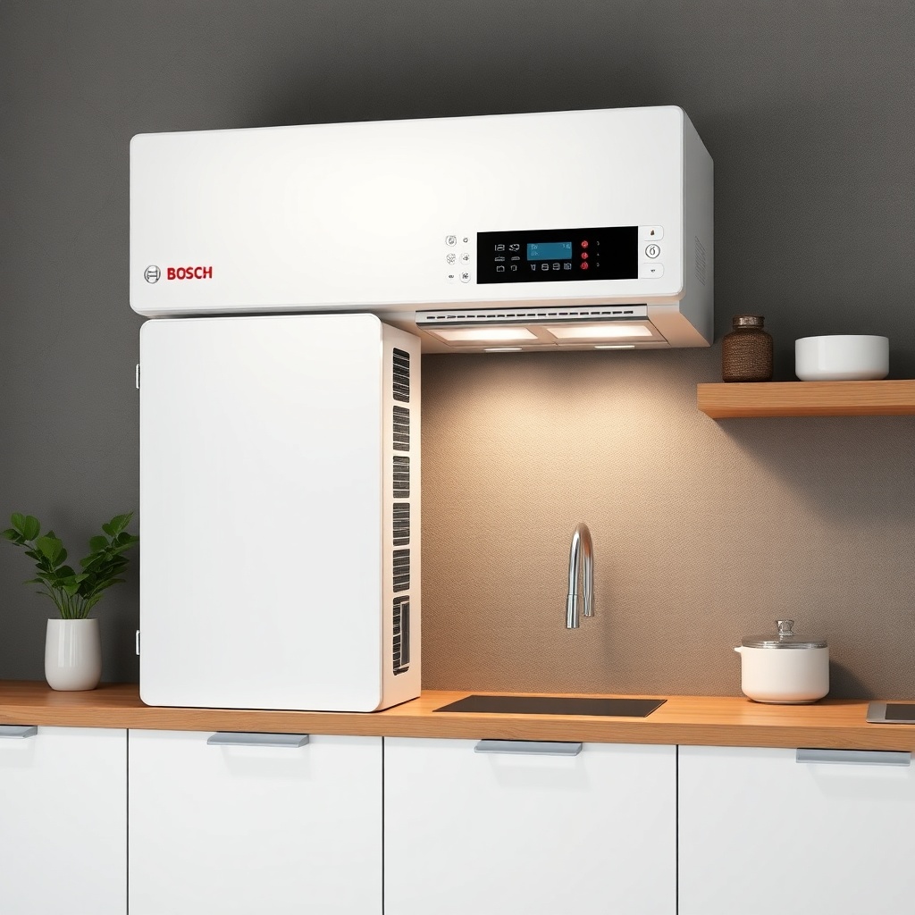 Modern bir oturma odasında duvara monte edilmiş Bosch Condens 2300i W kombinin yakın çekim