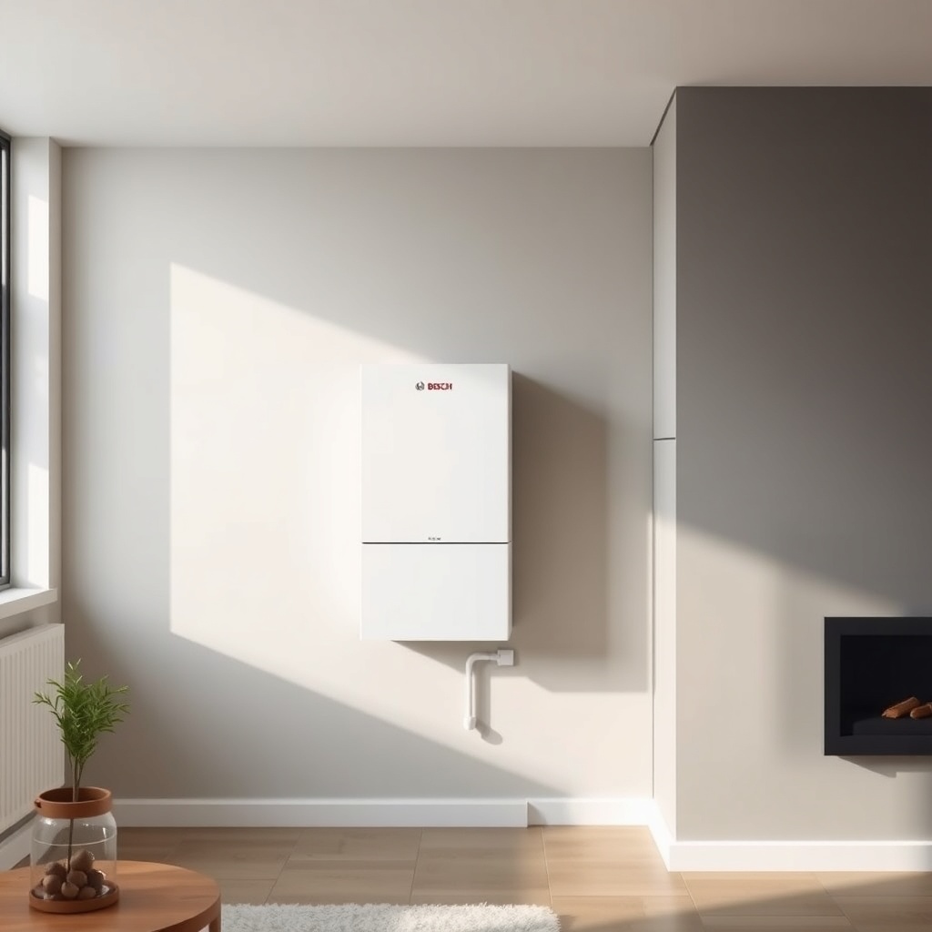 <clean photorealistic photo/illustration of a modern living room with a wall-mounted Bosch