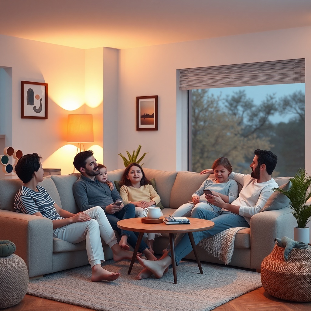 <clean photorealistic photo/illustration of a family relaxing in a warm living room with a