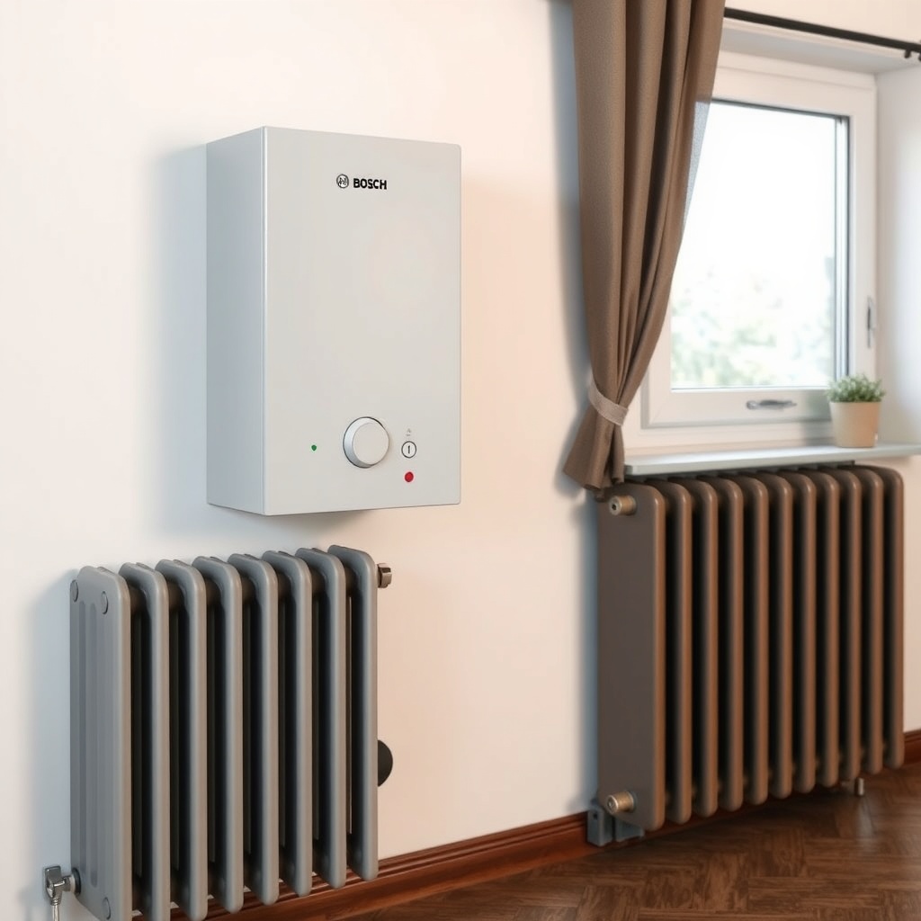 <clean photorealistic photo of a Bosch Condens 2300i W wall-mounted combi boiler next to a