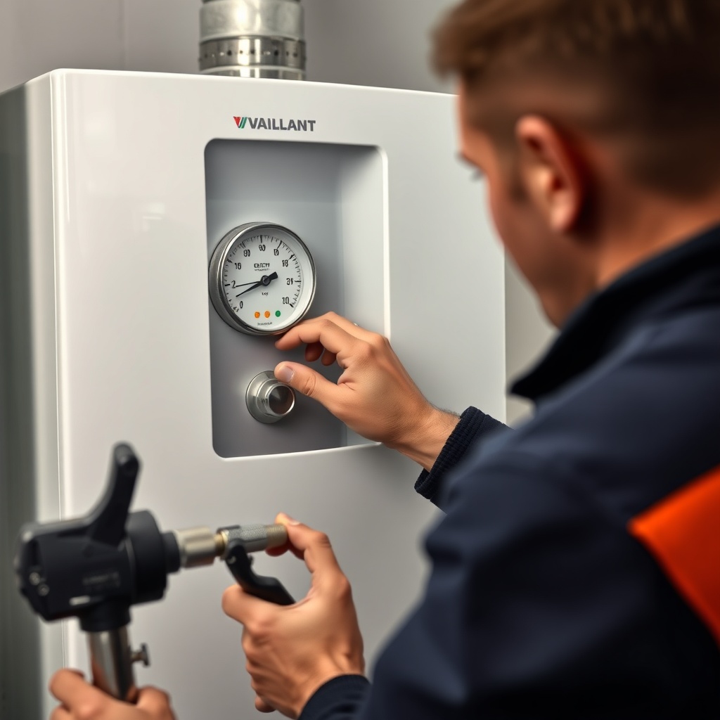 <clean photorealistic photo of a technician checking the pressure gauge of a Vaillant ecoT