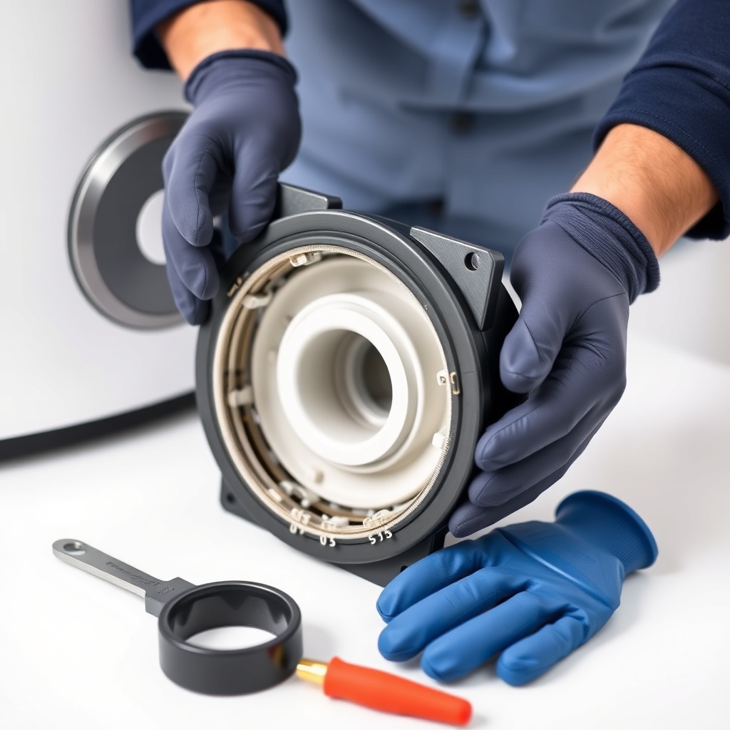 <clean photorealistic photo of a professional holding a cleaned burner from a Vaillant eco