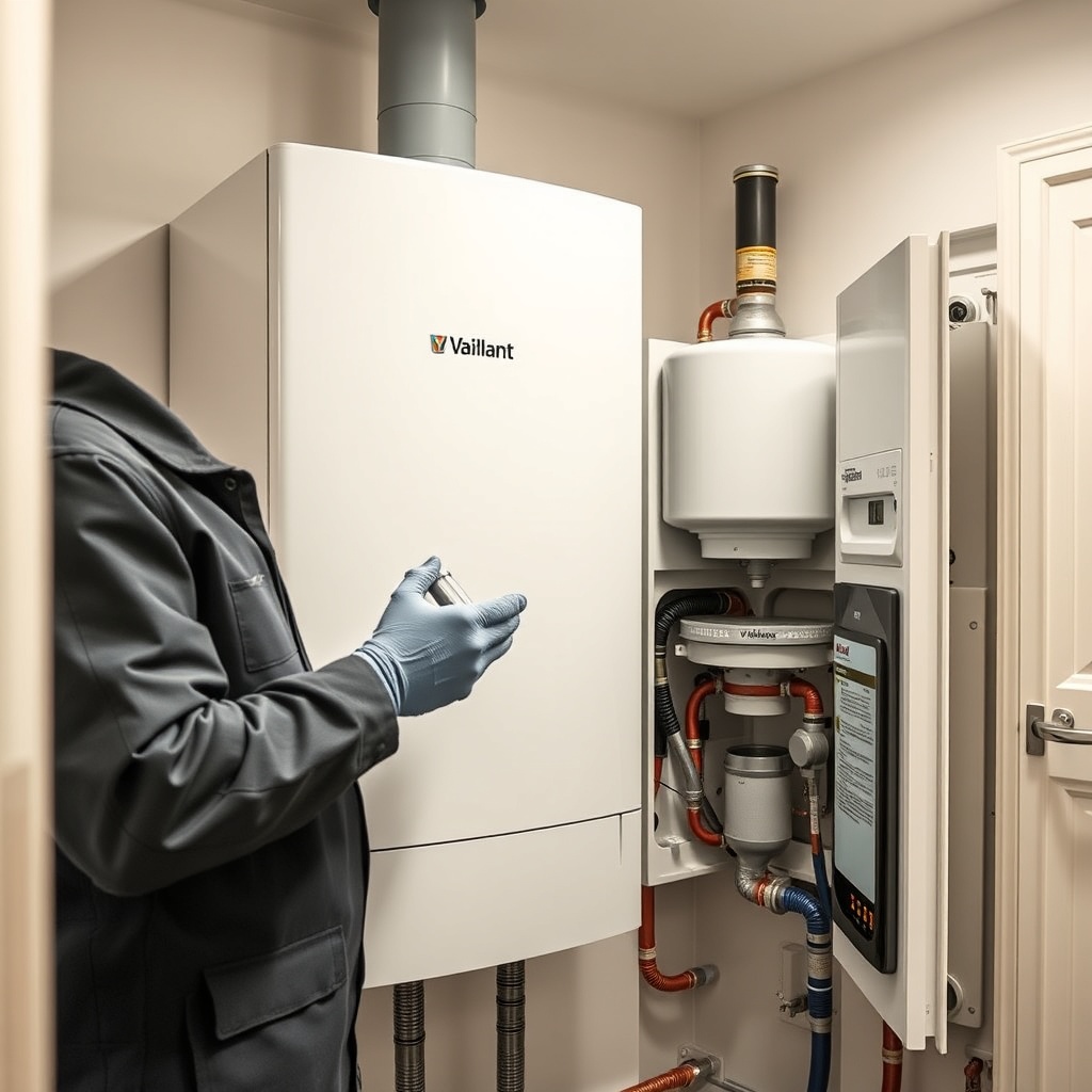 <clean photorealistic photo of a Vaillant ecoTEC plus VMW combi boiler with a technician h