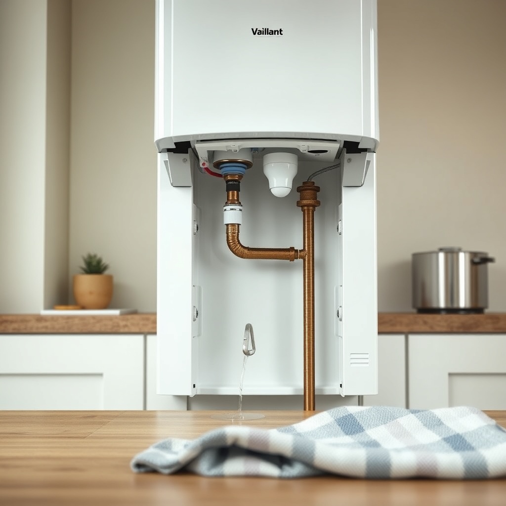 <clean photorealistic photo of a modern boiler installation scenario showing the under-sid
