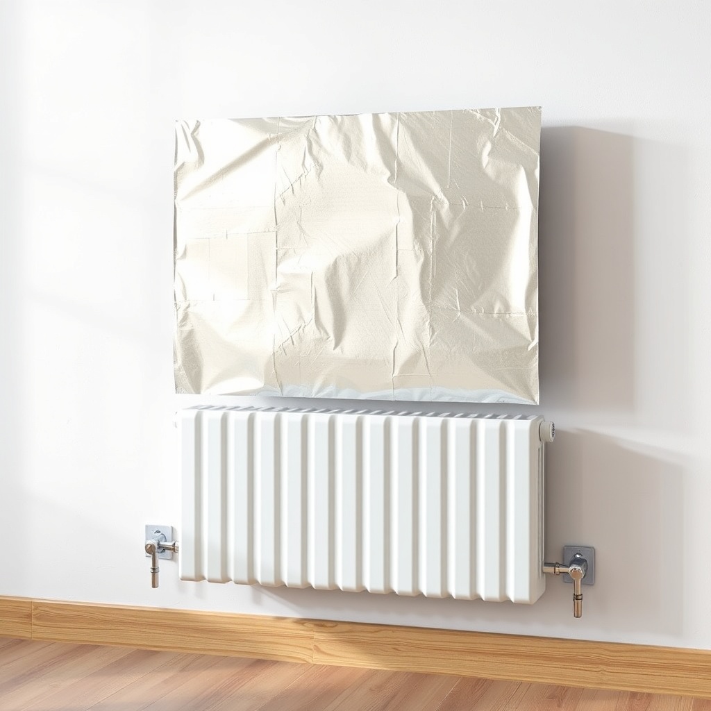 A clean photorealistic photo of a modern radiator with a reflective foil behind it