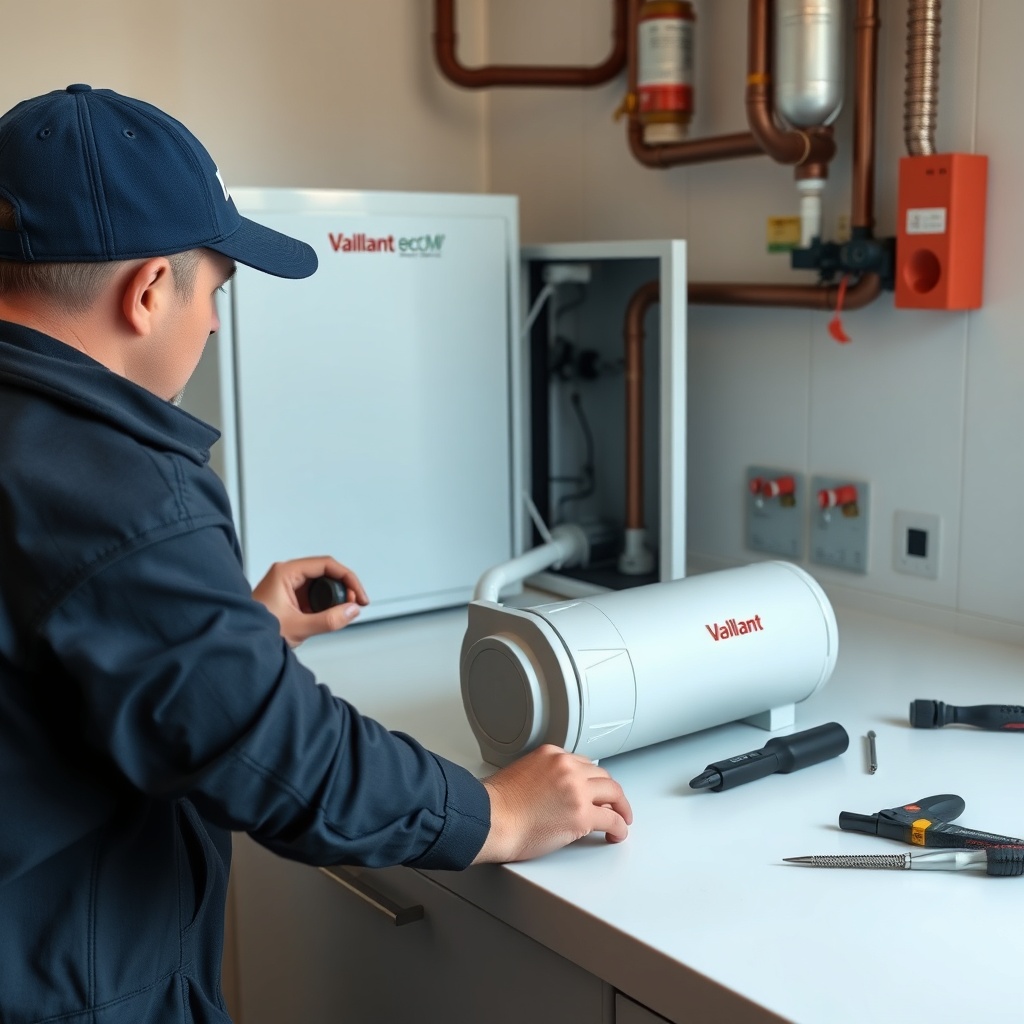 <clean photorealistic photo of a technician inspecting a Vaillant ecoTEC plus VMW heat exc