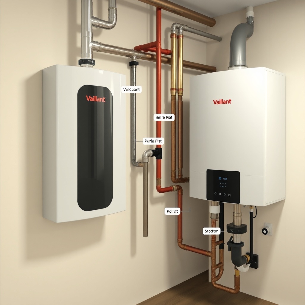 <clean photorealistic photo of a water softener installed near a Vaillant ecoTEC plus VMW