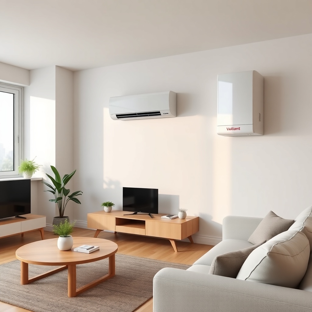 <clean photorealistic photo of a modern apartment living room with a Vaillant ecoTEC plus