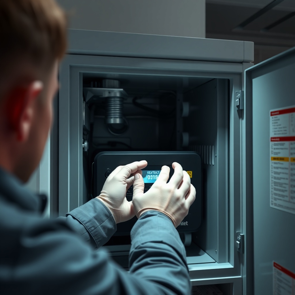 <clean photorealistic photo of a technician's hands inspecting the interior of a Vaillant