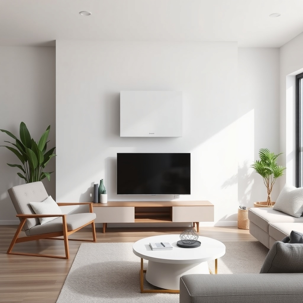 <clean photorealistic photo of a modern living room with a sleek white Vaillant ecoTEC plu