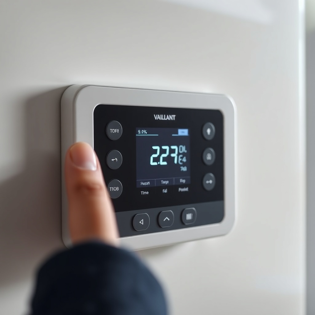 <clean photorealistic photo of a close-up of a Vaillant ecoTEC plus VMW digital control pa