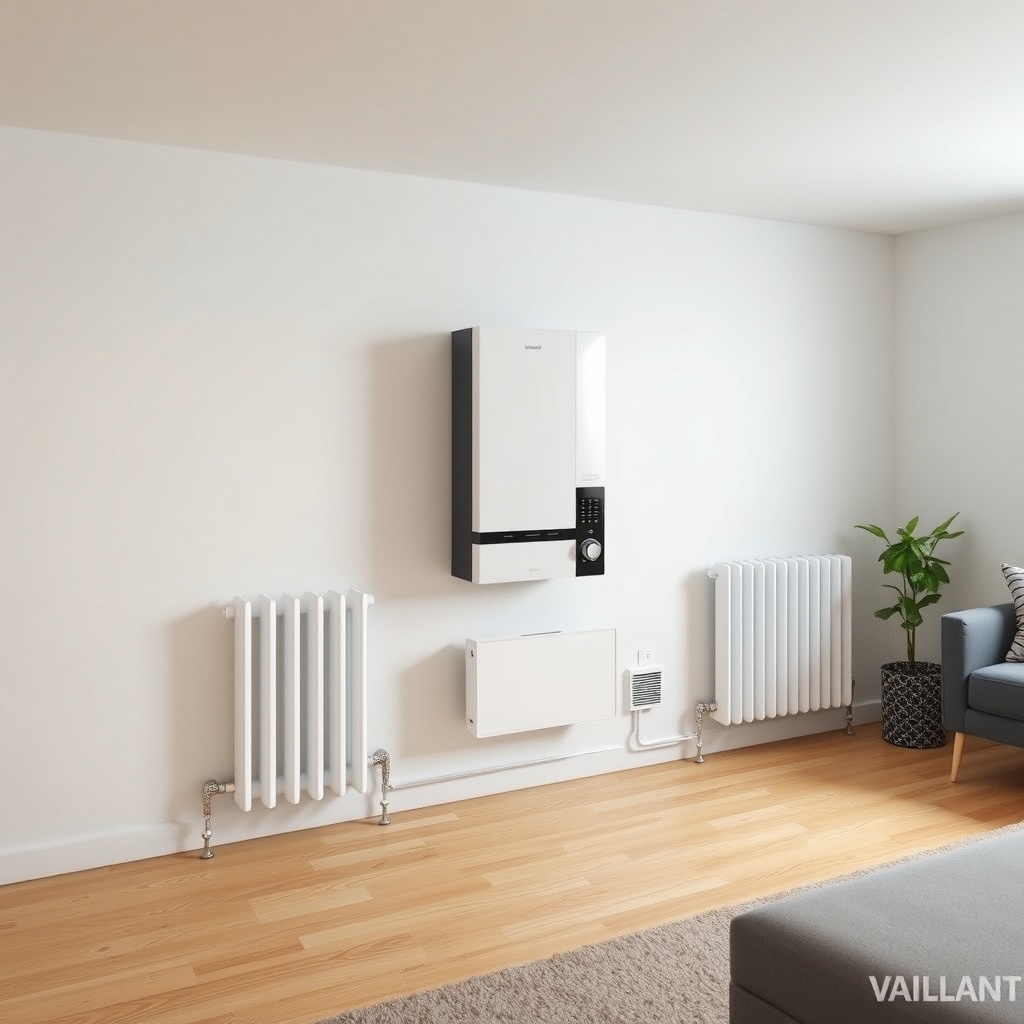 <clean photorealistic photo/illustration of a modern home interior with Vaillant ecoTEC pl