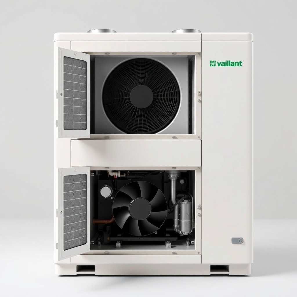 <clean photorealistic photo of a Vaillant ecoTEC plus VMW unit with a visible open front p