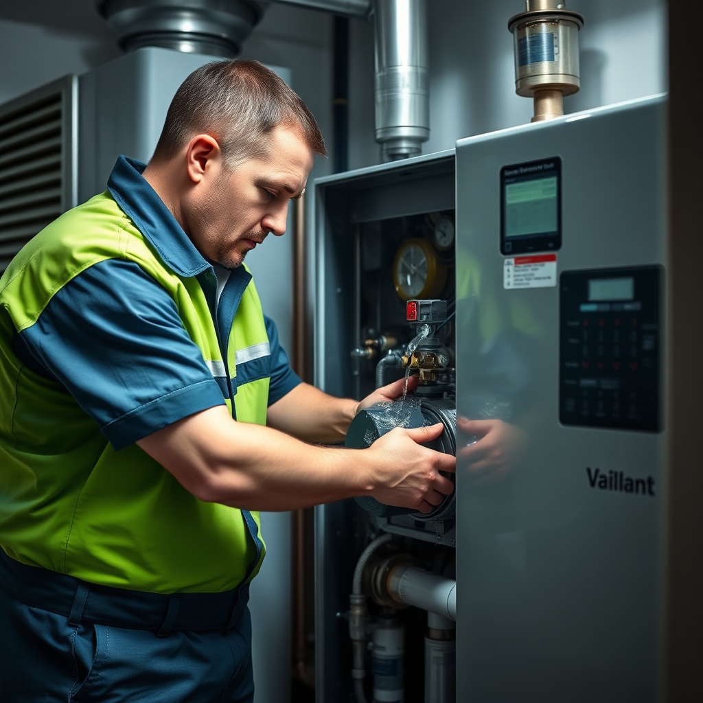 <clean photorealistic photo of a technician performing maintenance on a Vaillant ecoTEC pl
