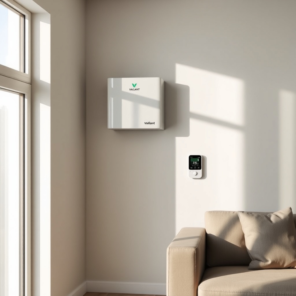 photorealistic 16:9 photo showing a modern living room with a Vaillant ecoTEC plus VMW uni