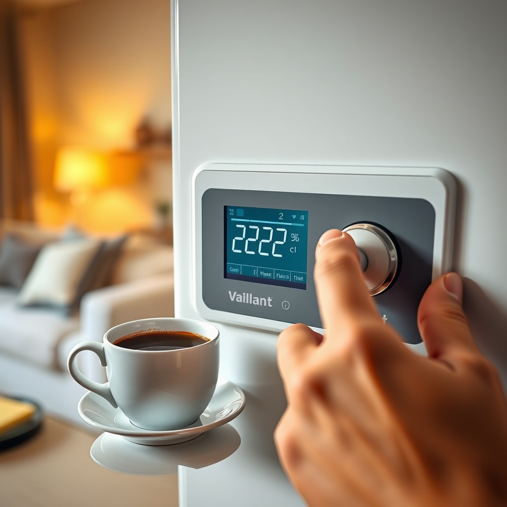 photorealistic 16:9 photo showing a close-up of a Vaillant ecoTEC plus VMW control panel w