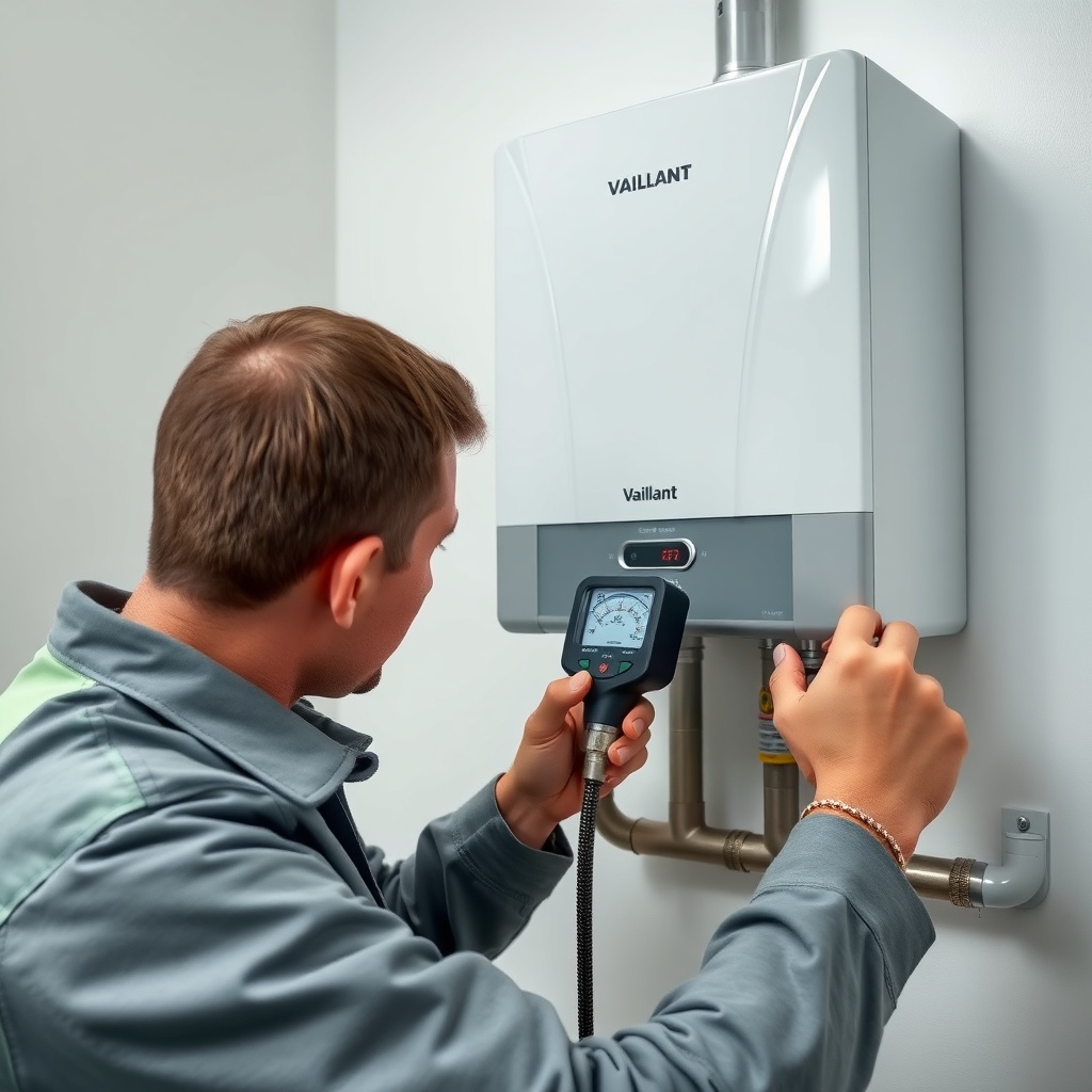<clean photorealistic photo of a skilled technician measuring gas pipe pressure near a wal