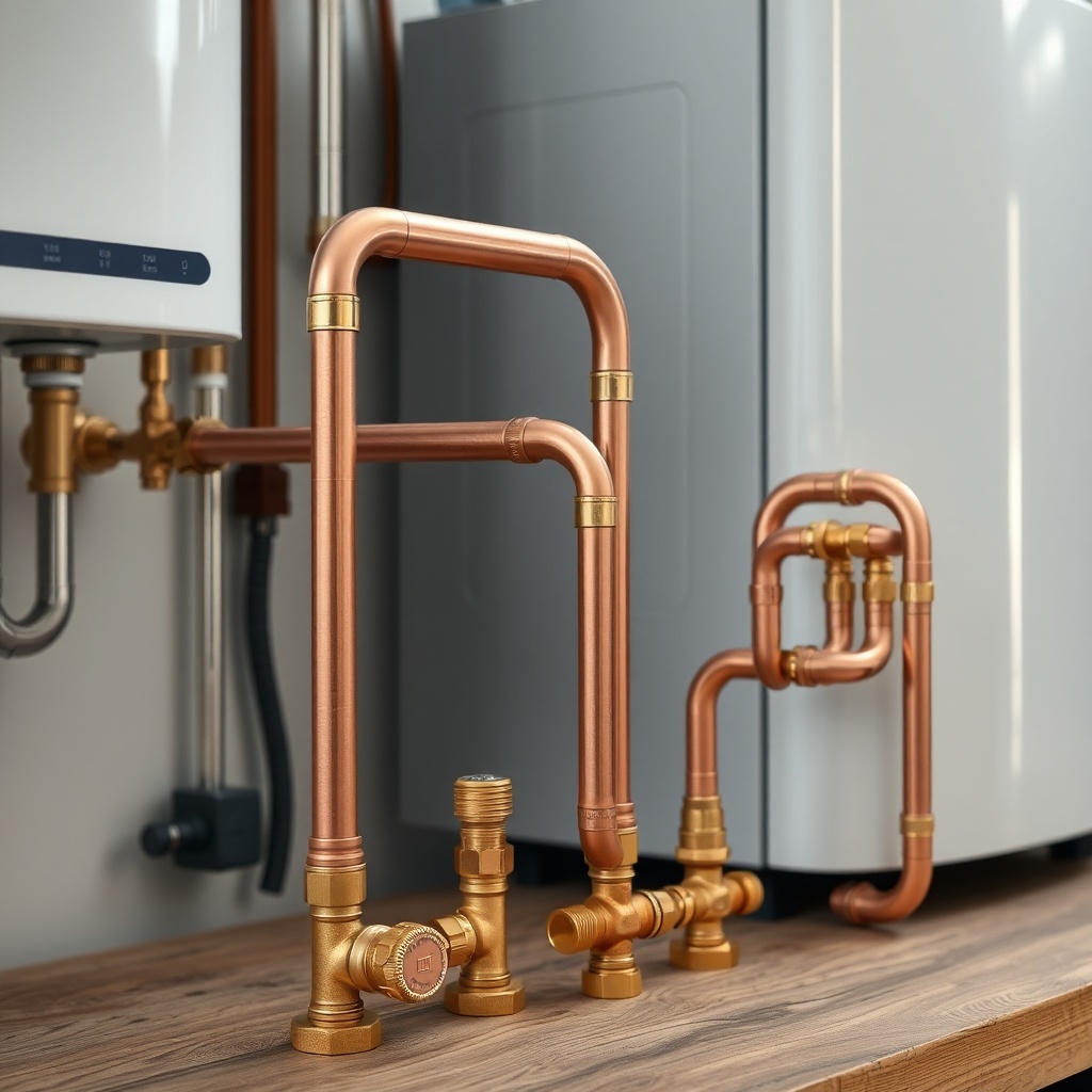 <clean photorealistic photo of new copper pipes and brass valves neatly arranged on a work