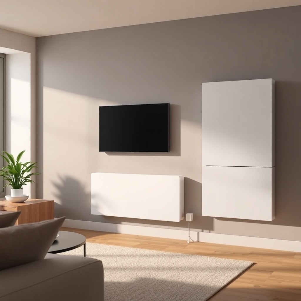 <clean photorealistic photo of a modern living room with Vaillant ecoTEC plus VMW installe