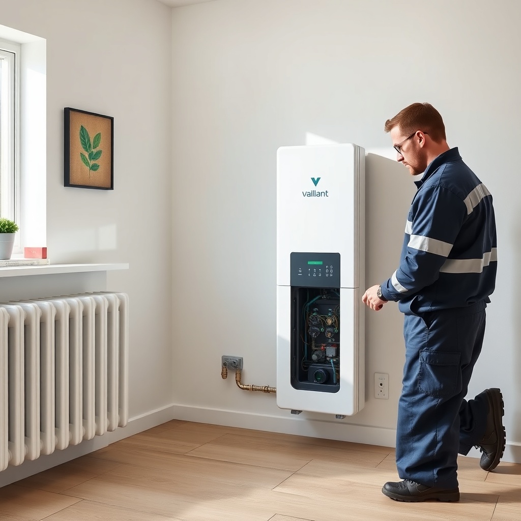 <clean photorealistic photo of a technician inspecting Vaillant ecoTEC plus VMW in a moder