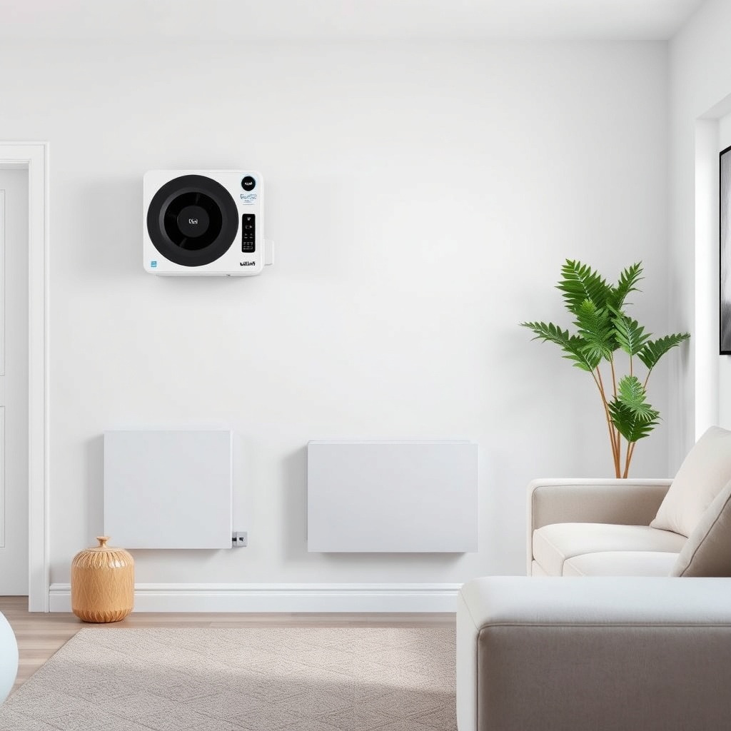 <clean photorealistic photo of a modern living room with Vaillant ecoTEC plus VMW wall-mou